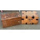 A vintage pine storage box, brass carry handles, 54cmW, monogrammed JPW; together with one other