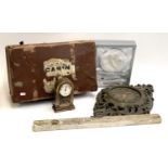 A vintage travel case, together with a spirit level, resin mantel clock, resin wall clock,