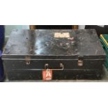 A black painted tin travel trunk, with contents, 81cmW