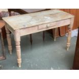 A 19th century stripped pine side table, single drawer on turned legs, 118x54x73cmH