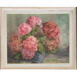 Joan Bates, 20th century still life of pink hydrangeas, oil on board, 39x49cm