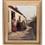 20th century oil on canvas, two women outside a cottage, signed J W Clark, 29x24cm