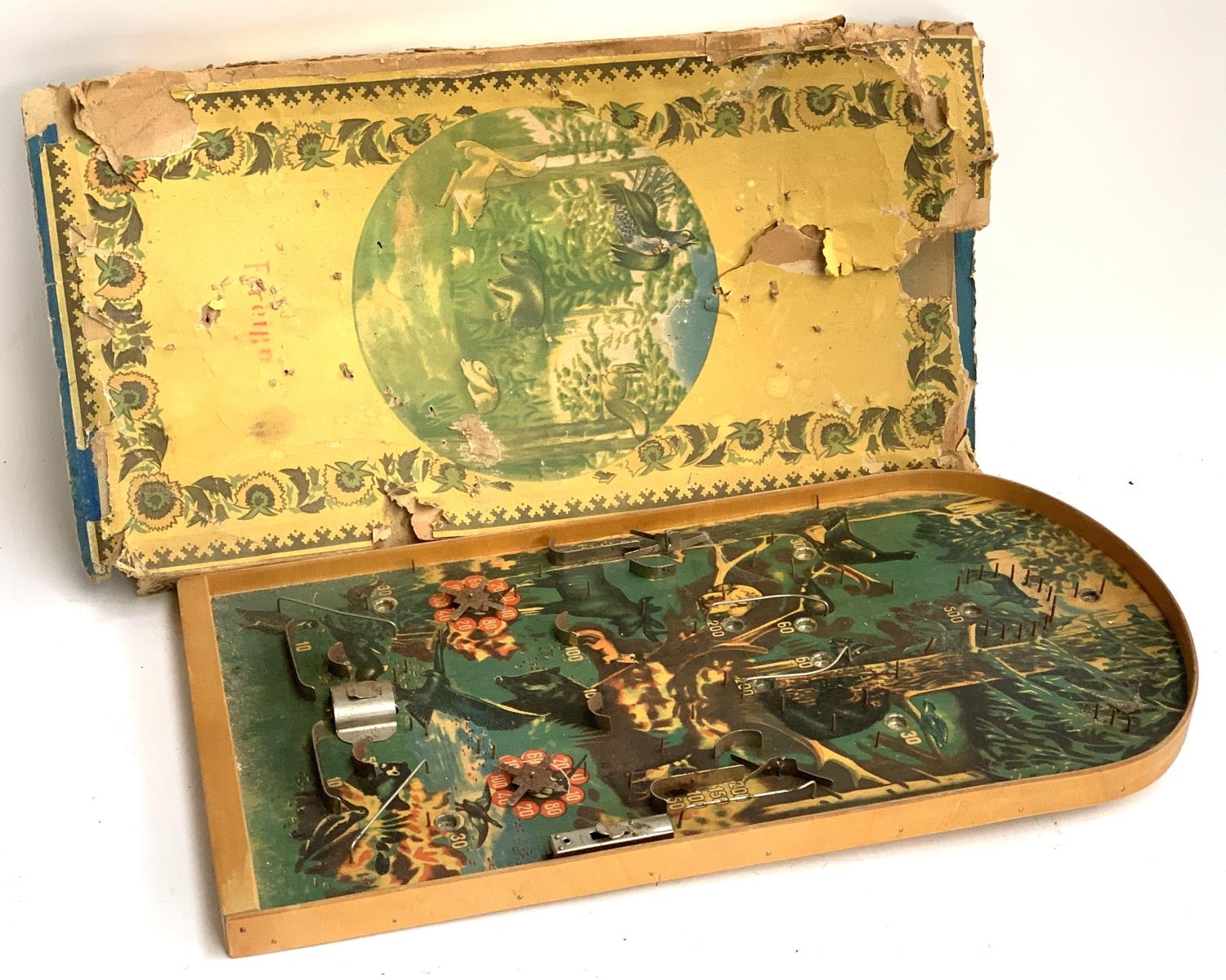 A Bagatelle board with forest design background, boxed (box af)