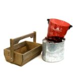 A wooden garden trug, together with a galvanised mop bucket and a Louis Bouillot champagne bucket