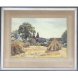 William Clement Smith (20th century), watercolour of hay stooks and oast houses, 38x53cm