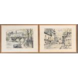A pair of French watercolours of street scenes, titled in pencil, each 33x44cm