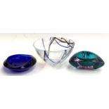 Three pieces Studio Art Glass: Kosta bowl, Bristol Blue bowl & another
