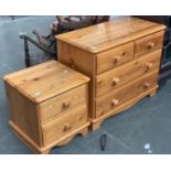 A modern pine chest of drawers, 90x46x72cmH; with a matching bedside cabinet, 48cmW