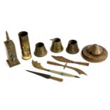 A collection of trench art items, to include Ypres, 'Rouen Christmas 1917' letter openers, butterfly