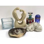 A mixed lot to include a heavy Swedish art glass vase; Bohemian blue glass vase with gilt foliate