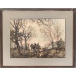 20th century, pastel on paper, figure with three horses among trees, 26x37cm