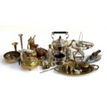 A mixed lot of plated, brass and copper items to include kettle on stand, beaten copper coffee