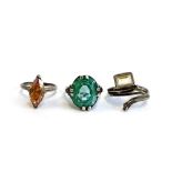 A vintage silver art deco style ring set with a large mint green gemstone, size O 1/2; together with