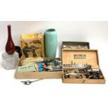 A mixed lot to include vases, vintage hairdressing items, cased x-acto knife set, boxed Vulcan