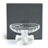 A modern Lalique bonbon dish, the clear bowl supported by a frosted stem of four birds, circular