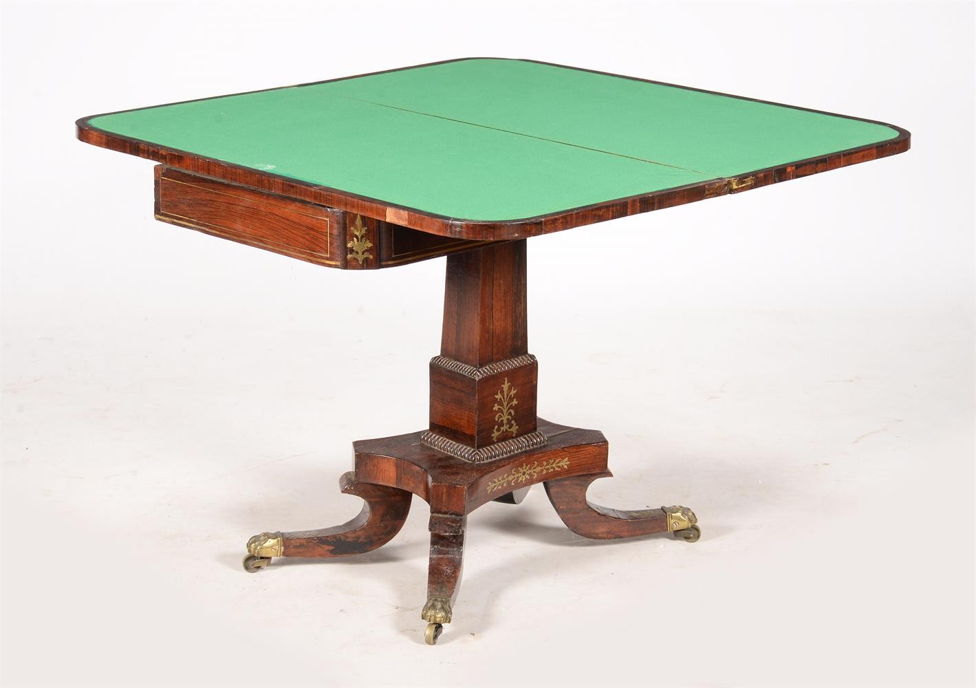 A George IV rosewood and brass inlaid card table, c.1825, the folding top enclosing a baize - Image 2 of 6