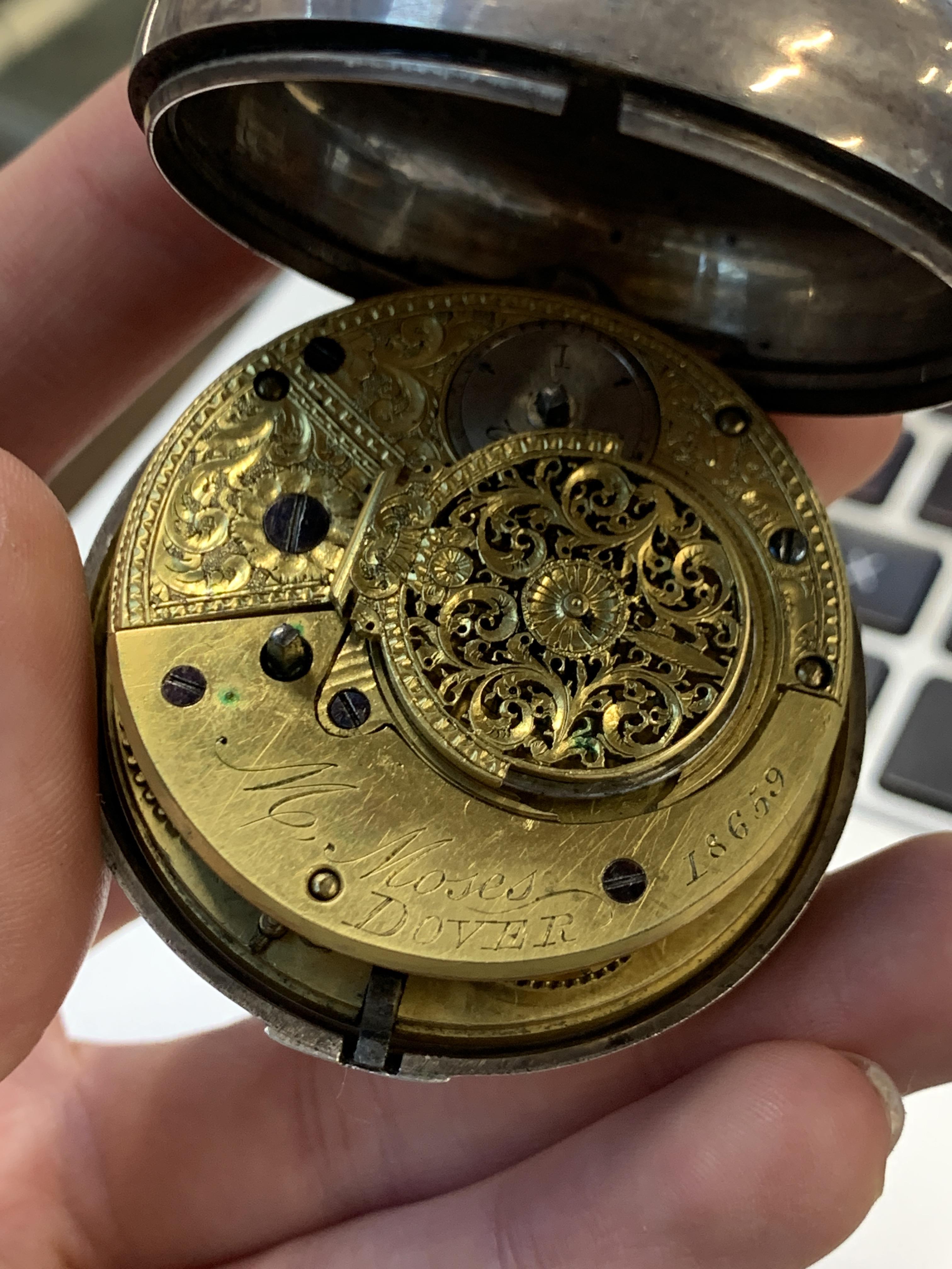 An early 19th century pair cased silver pocket watch, the fusee movement engraved M Moser, Dover, - Image 3 of 4