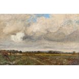 Attributed to Owen Bowen, oil on canvas, rainclouds above an open landscape, 20.5x31cm