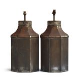 A pair of tea canister style octagonal table lamps, 49cm high to top of canister Provenance: part of