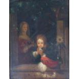 19th Century Italian School, Figures at an Open Window MDCLXII, oil on canvas, 25x18cm