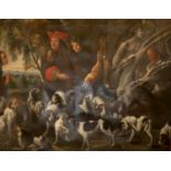 An extremely large late 19th/early 20th century oil on canvas depicting a hunt scene, 256x200cm