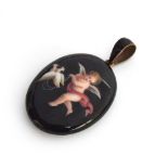 A 19th century enamel and gilt metal locket decorated with a hand painted cupid holding doves on