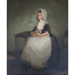 A 19th century full length portrait of a solemn lady holding a book, oil on canvas, 47x58cm