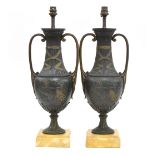 A pair of spelter figural table lamps, with shades, 31cm high to top of fitting