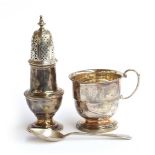 A silver sugar caster by Goldsmiths & Silversmiths Co Ltd, London 1927, 14.5cm high; a small