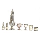A lot of silver items to include a sugar caster, 21.5cm high; a pair of peppers by Adie Brothers