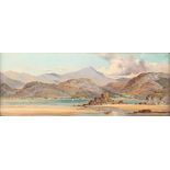 Early 20th century British, coastal highland landscape, oil on canvas, 13.5x34cm