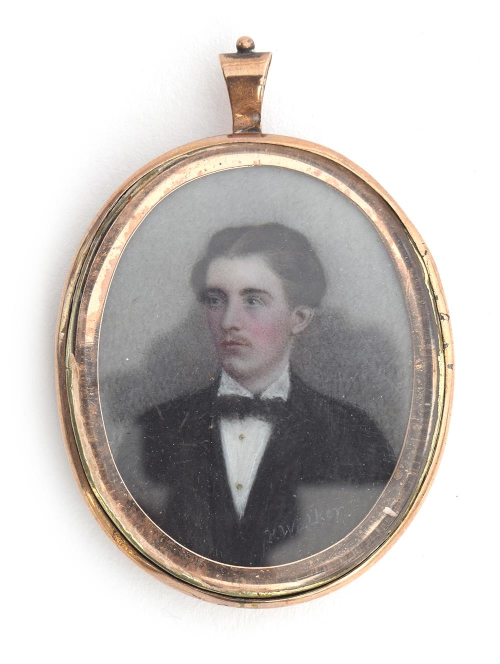 A 19th century gold locket containing a portrait miniature on ivory of a young man, signed 'K. - Image 2 of 3
