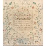 A George III alphabet and verse sampler, with bow and scrolling floral design, Ann Elizabeth