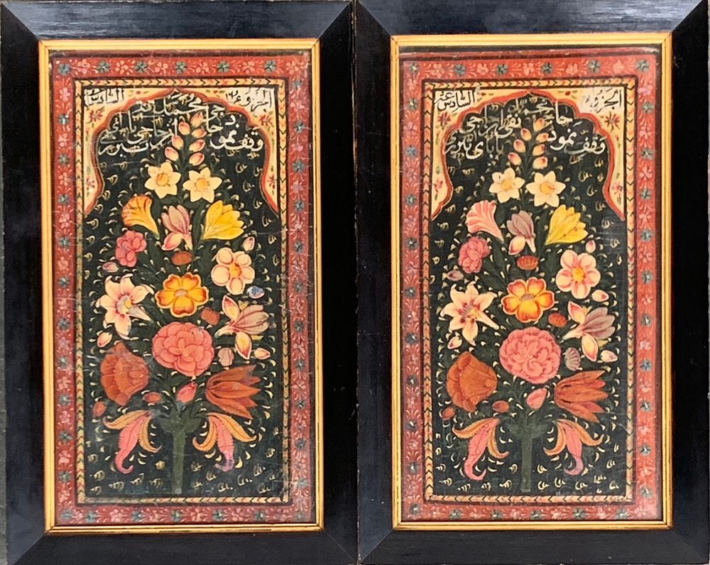 A pair of Persian Qajar lacquer panels, double sides, each with profuse floral decoration, each