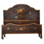 A leather clad double bed (super king), each board painted with stands of flowers, 6ft wide