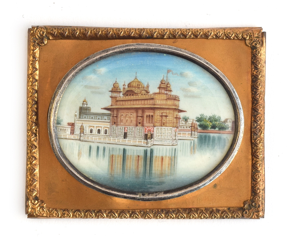 A late 19th century Indian miniature on ivory depicting the Sri Harimander Sahib, 5x4cm, glazed