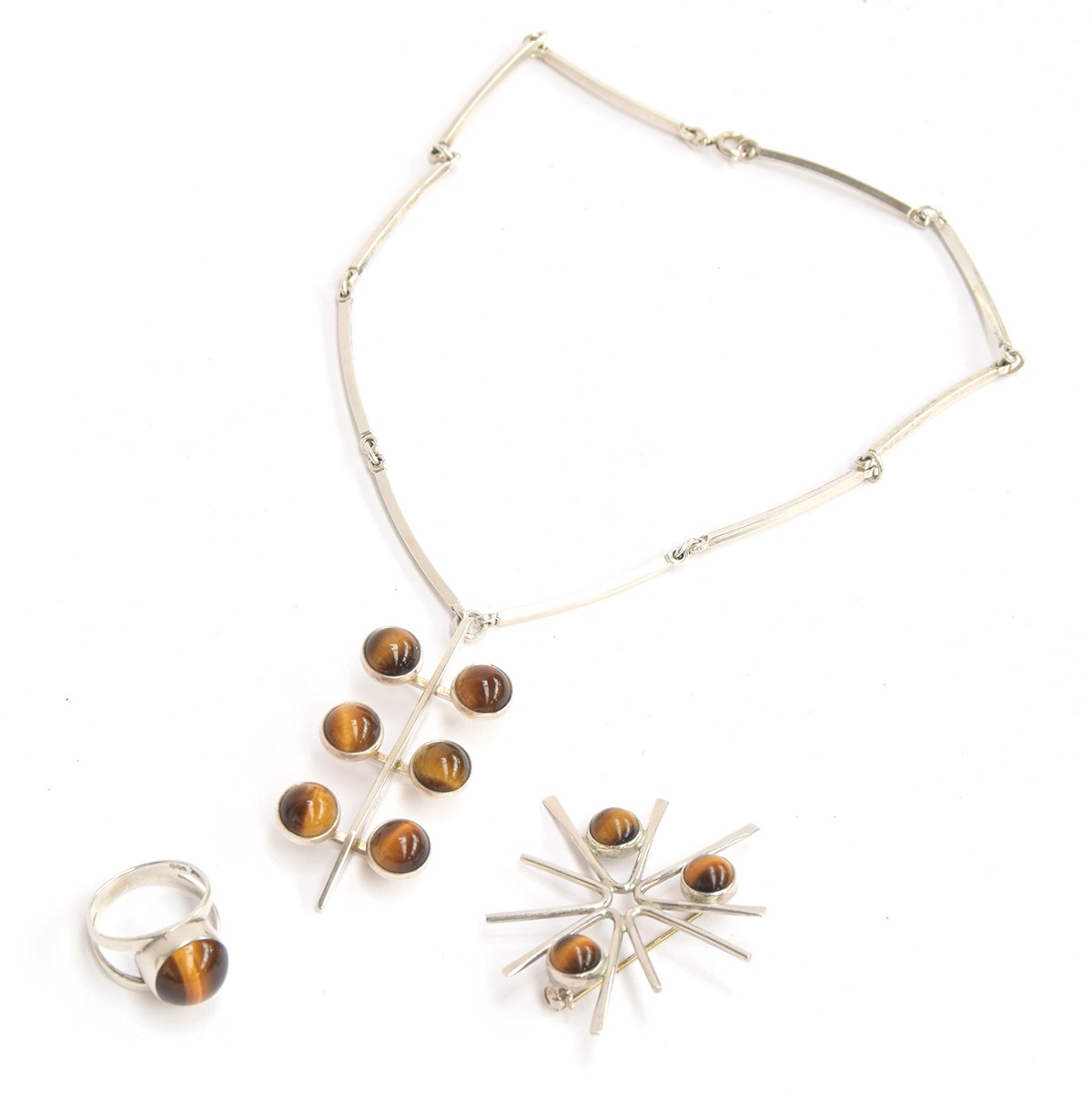 Three pieces of Modernist silver and tigers eye jewellery, comprising a necklace by Niels Erik, - Image 2 of 2