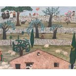 20th century naive, sheep among drystone walls, oil on board, 51x62cm Provenance: part of the