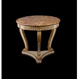 A French painted and parcel gilt centre table, early 19th century and later, 83cm diameter, 74cm