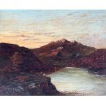 19th century Scottish, a highland landscape with two figures by a loch, oil on canvas, 24x29cm