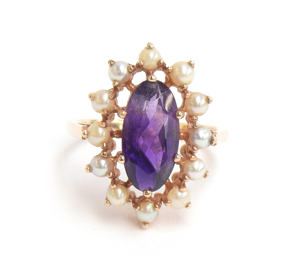 A 9ct gold, amethyst and split pearl cluster ring, size Q 1/2, approx. 5g