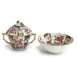 An 18th century Worcester twin handled cup and cover, hand painted with fancy birds and floral
