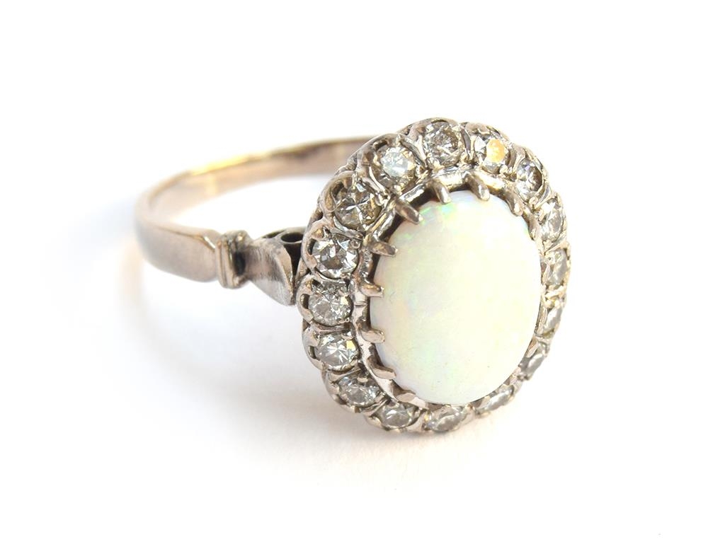 A diamond and opal cabochon ring mounted in white metal, size W, approx. 7g - Image 3 of 3