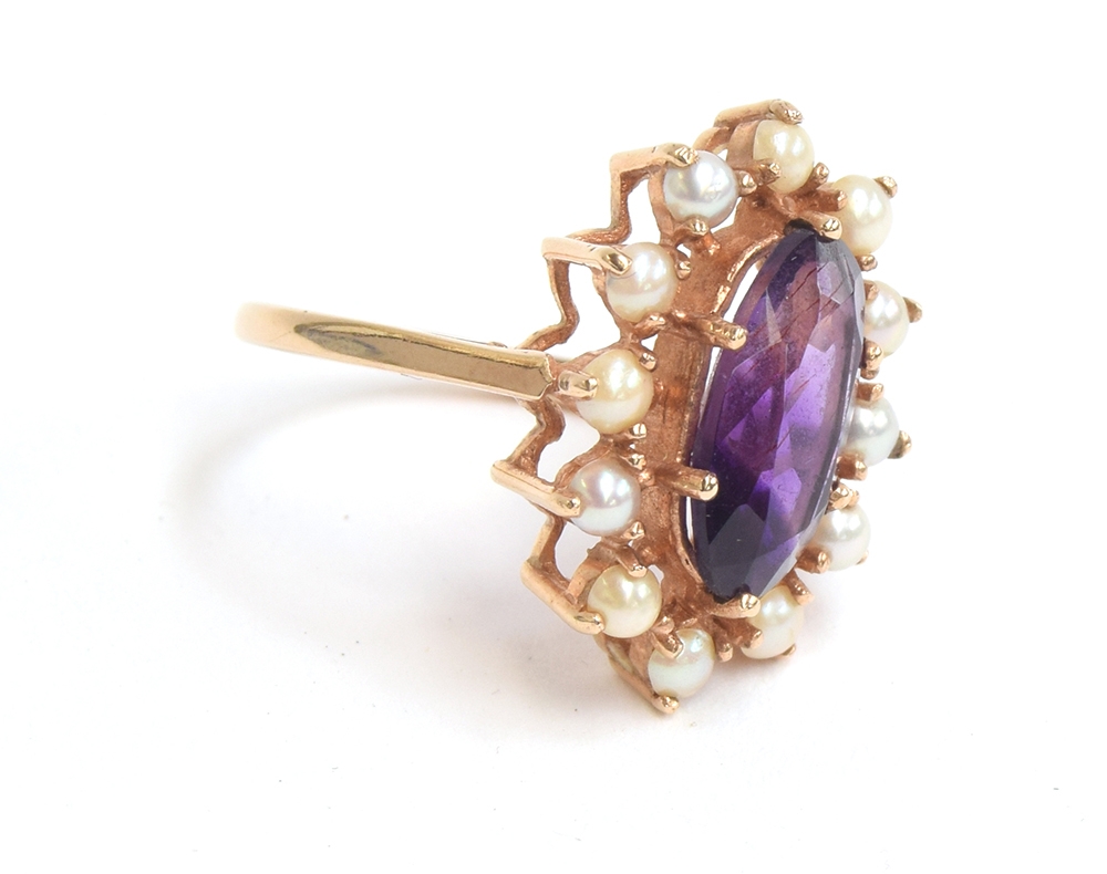 A 9ct gold, amethyst and split pearl cluster ring, size Q 1/2, approx. 5g - Image 2 of 3