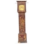 An 18th century red japanned longcase clock, the movement signed John Thomas, Crewkerne, pediment