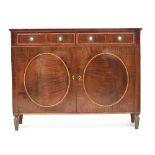 A Regency harewood and crossbanded side cabinet, the top with painted decoration, each door with