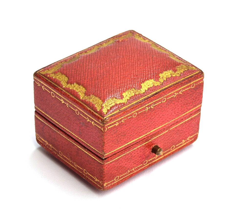 An early 20th century Cartier double ring box, red leather and gilt tooled exterior, with peach - Image 2 of 3