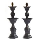 A pair of decorative pewter alloy table lamps, hexagonal faceted baluster stems, 47cm to base of