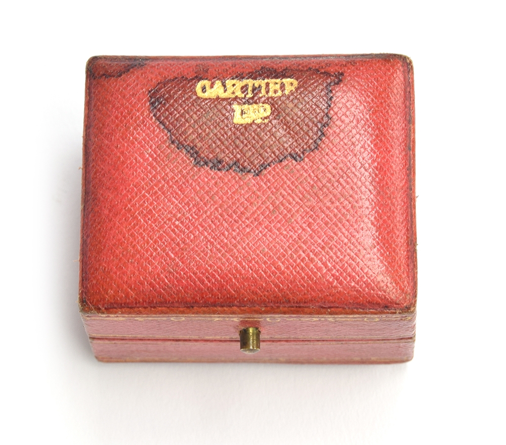 An early 20th century Cartier double ring box, red leather and gilt tooled exterior, with peach - Image 3 of 3