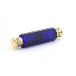 A Victorian blue glass double ended scent bottle, 13cm long